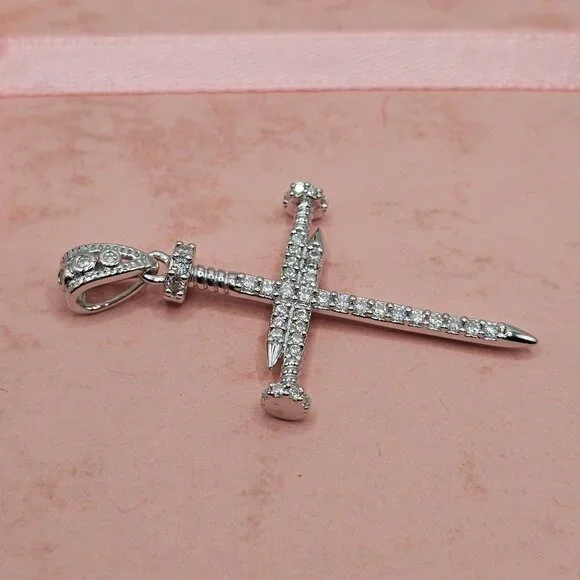 Sterling Silver 925 Rhodium Plated Nail Cross Moissanite Pendant - Picture 4 of 7